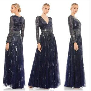 MAC DUGGAL 4977 SEQUINED V-NECK ILLUSIONS A-LINE MIDNIGHT GOWN sz 12